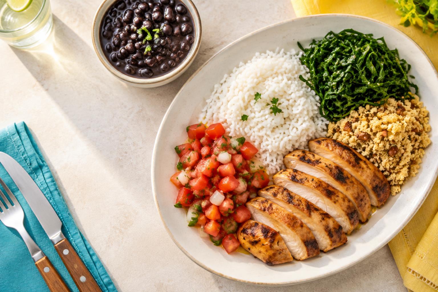 Almoço caseiro brasileiro com frango, arroz, feijão e farofa